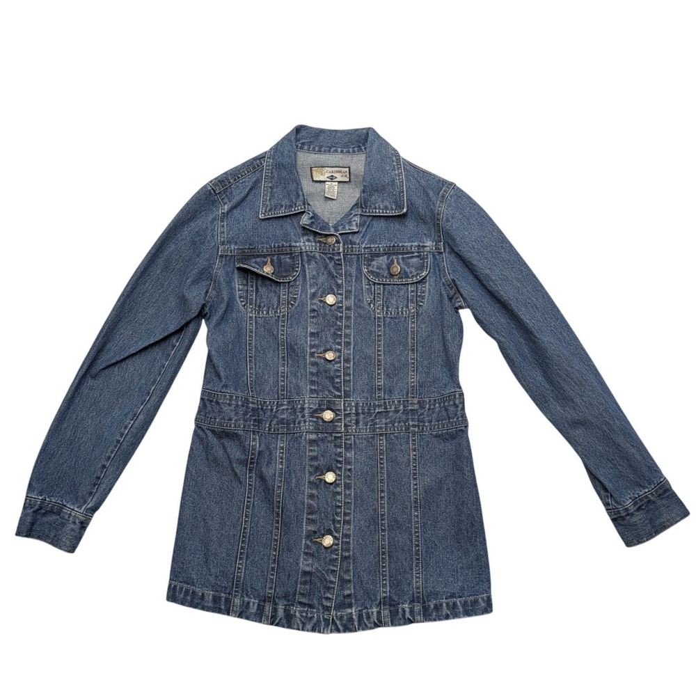 Y2K Caribbean Joe Denim Jacket Womens S Blue Longline Cinched Waist Button Front